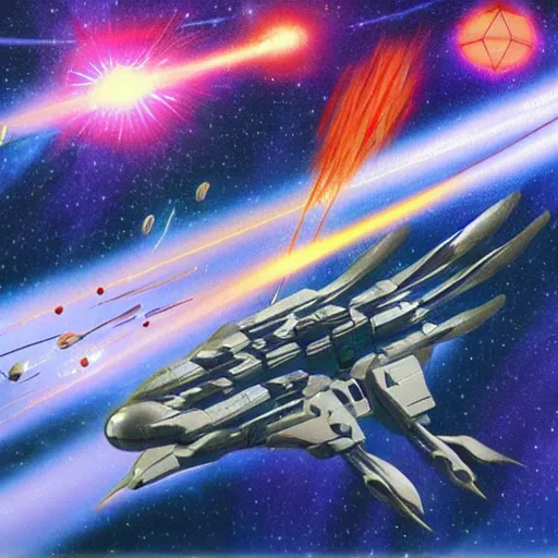 Prompt: science - fiction space battleship in combat, laser beams, explosions, space, planets, mate painting