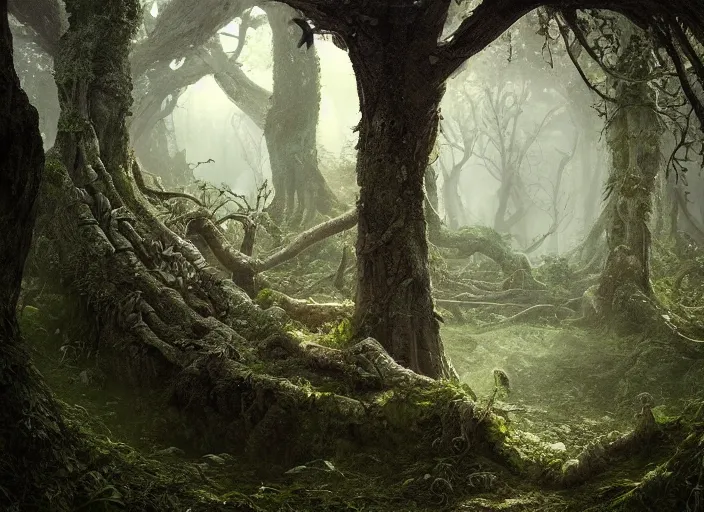 Prompt: secret garden, fallen tree, dark, scary, in the style of pan's labyrinth movie, hyperrealistic, coherent composition, concept art, matte painting, artstation, caspar friedrich, wlop