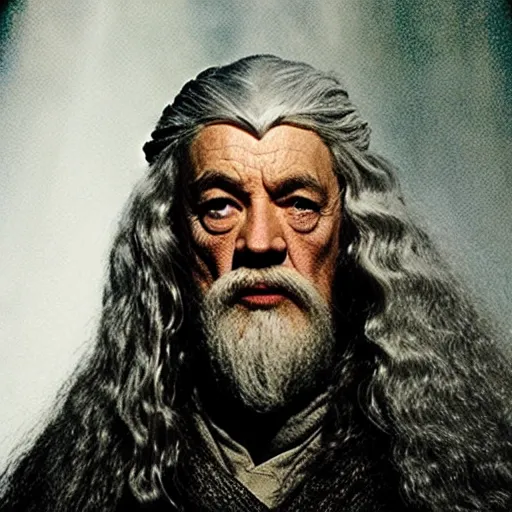 Prompt: a still from “ lord of the rings ” of a head and shoulders portrait of gandalf played by lu ting chu, photo by phil noto