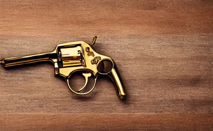 Image similar to shiny golden revolver laying on a wooden table, complex, high detail