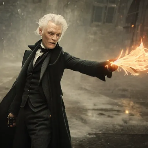 Image similar to gellert grindelwald casting a powerful spell, by greg rutkowski, featured on artstation, still from fantastic beasts