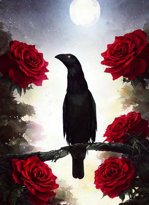 Prompt: portrait, a crow with red eyes in front of the full big moon, book cover, red roses, red white black colors, establishing shot, extremly high detail, foto realistic, cinematic lighting, by Yoshitaka Amano, Ruan Jia, Kentaro Miura, Artgerm, post processed, concept art, artstation, raphael lacoste, alex ross