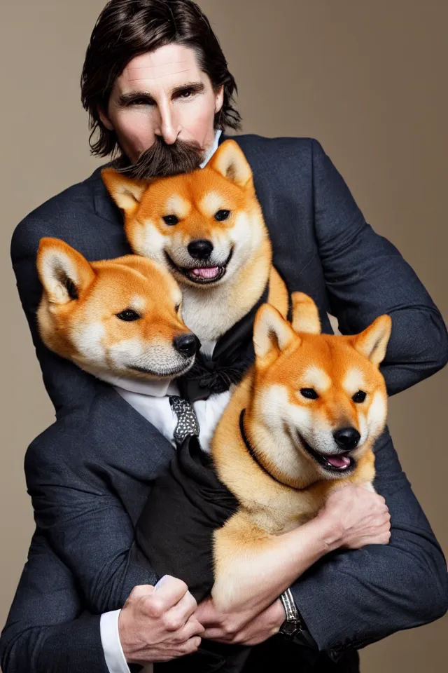 Image similar to a highly detailed portrait of christian bale wearing a suit, holding a shiba inu in his arms, hyperrealistic, highly detailed, 8 k, canon 2 4 mm f / 1. 4 lens,