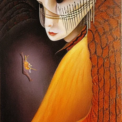 Prompt: a beautiful highly detailed painting of a woman in the style of Remedios Varo.