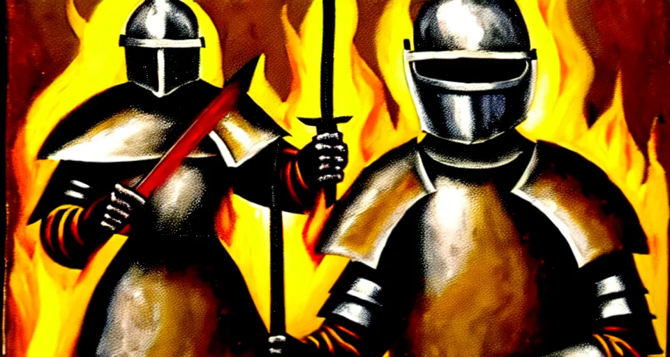 Image similar to An oil painting of a knight in dark metal armor wielding a flaming sword