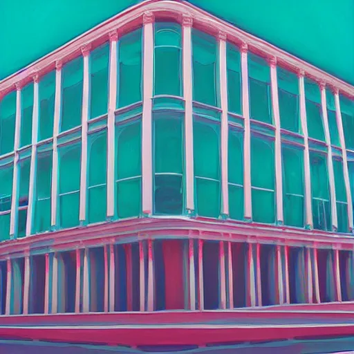 Image similar to a beautiful painting of a building in a serene landscape, anaglyph filter