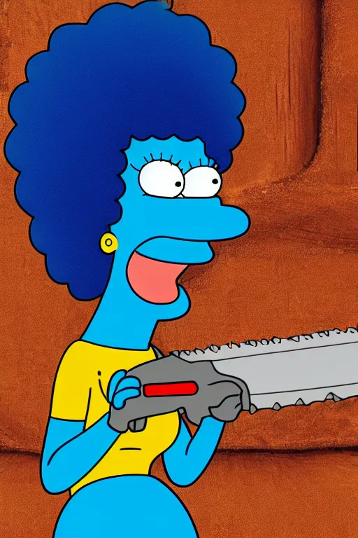 Image similar to marge simpson as a serial killer, holding a chainsaw