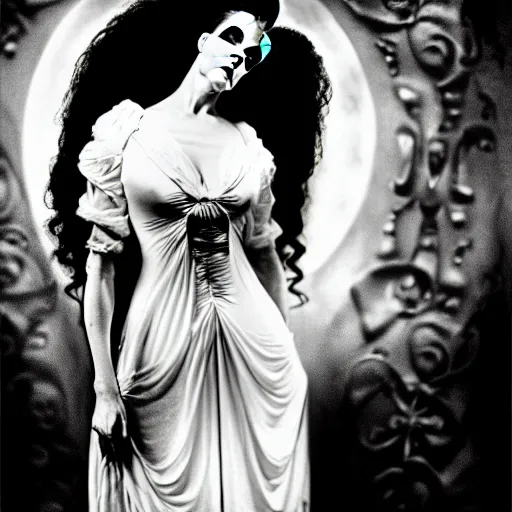 Prompt: a dramatic cinematic portrait photograph of bride of frankenstein influenced by alphonse mucha