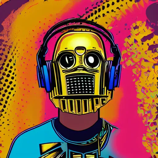 Image similar to artgerm, psychedelic laughing c 3 p 0, rocking out, headphones dj rave, digital artwork, r. crumb, svg vector