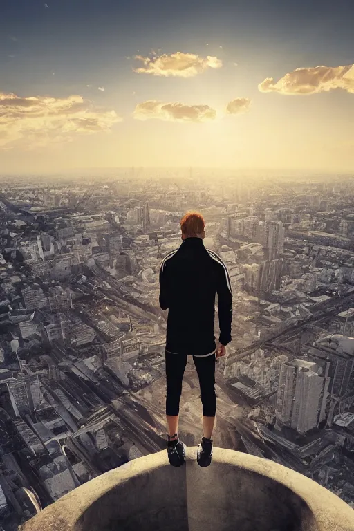 Prompt: Man in black adidas tracksuit looking atop of a urban plateau filled with soviet apartment buildings, golden hour, dreamy, beautiful clouds, ultra detailed beautiful lighting, 4k, wallpaper, russian cityscape, beautiful artwork by Makoto Shinkai