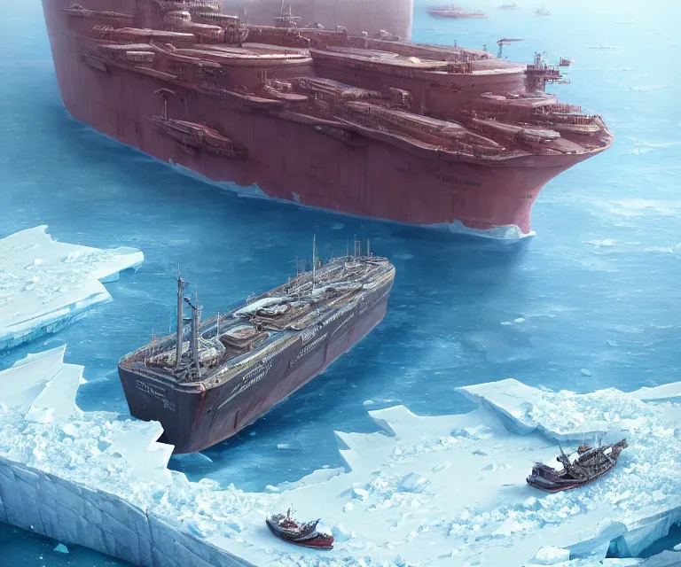 Image similar to one singular solo enormous gigantic steel ship - shaped fortress sailing across an icy frozen ocean. masterpiece, cinematic, octane render, depth of field, bokeh, architecture, aerial view, art by tom bagshaw, geof darrow, james gurney, filip hodas