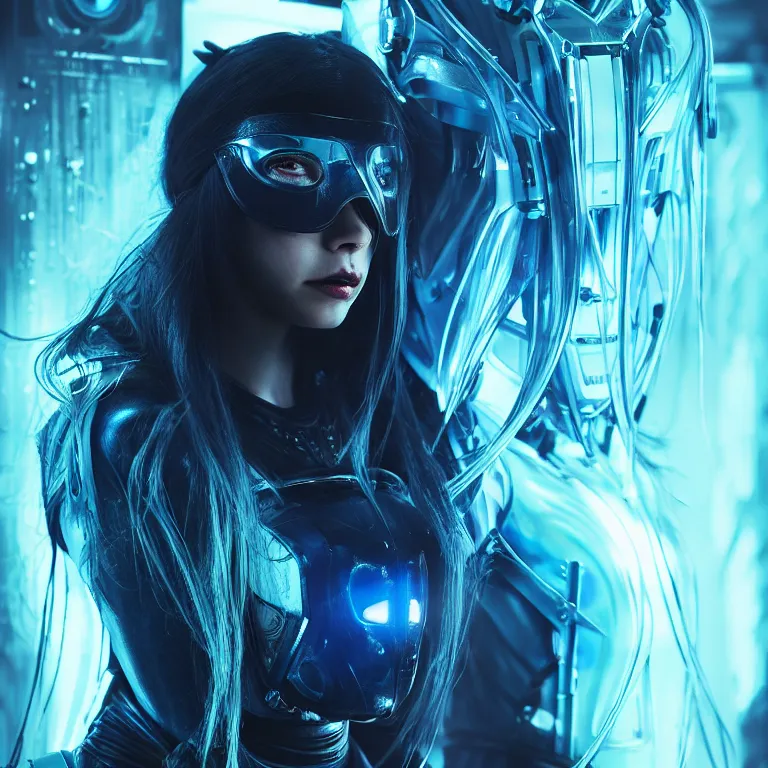 Image similar to beautiful cinematic poster, female cyberpunk, ronin ballistic mask, brilliant blue flowing hair, beautiful glowing eyes, wideshot ultrawide angle epic scale, hybrid from the elden ring and art direction by darius zawadzki, wayne reynolds artstation ; cinematic quality character render ; low angle ; ultra high quality model, quality cinema model