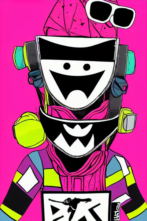 Image similar to masked skateboarder smile on face pop art, pixel, gta vice city art style, face features, body features, ultra realistic art, digital painting, concept art, smooth, sharp focus, illustration, intricate, without duplication, elegant, confident posse, art by mark millar and richard hamilton and mimmo rottela, kirokaze and paul robertson