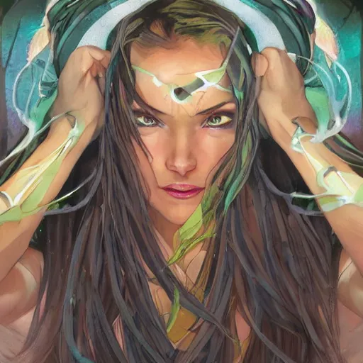 Image similar to cyborg, female, fantasy, bioluminiscence, flowing hair, portrait, highly detailed, digital painting, beautiful eyes, symmetry, concept art, sharp focus, illustration, art by artgerm and greg rutkowski and magali villeneuve and ilya kuvshinov! : : alphonse mucha : : - 0. 2