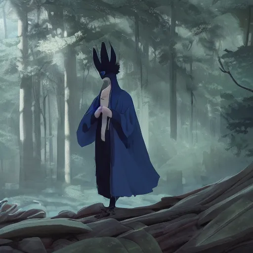 Image similar to concept art painting of an anthropomorphic albino raven wearing dark blue robes, in the deep forest, realistic, detailed, cel shaded, in the style of makoto shinkai and greg rutkowski and james gurney