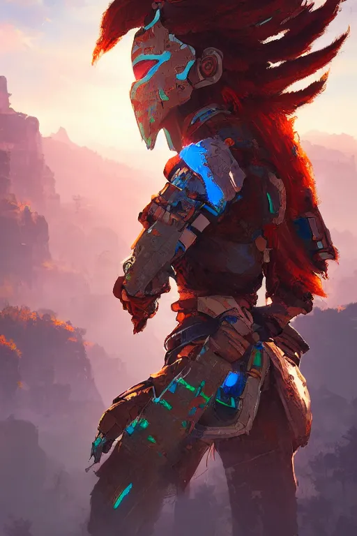 Image similar to combination suit armor aloy horizon forbidden west horizon zero dawn radiating a glowing aura global illumination ray tracing hdr fanart arstation by ian pesty and alena aenami artworks in 4 k tribal robot ninja mask helmet backpack