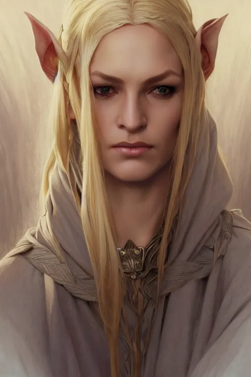 Image similar to portrait of an old blonde elven mage, dark, piercing eyes, gentle expression, elegant clothing, photorealistic, highly detailed, artstation, smooth, sharp focus, art by michael whelan, artgerm, greg rutkowski and alphonse mucha