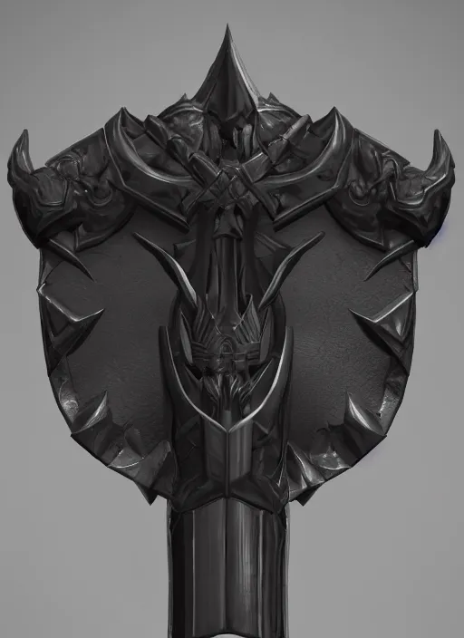 Image similar to a black long sword skull crest, orthographic, ornament, weapon, a 3 d render by dom qwek, front side views full, trending on polycount, artstation, hard surface modeling, rendered in maya, 3 ds max, blender, hd, vray, berserk guts