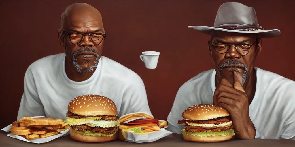 Image similar to highly detailed portrait painting of samuel l jackson eating burger in russia, perfect symmetrical eyes, by eddie mendoza and tyler edlin, 8 k resolution