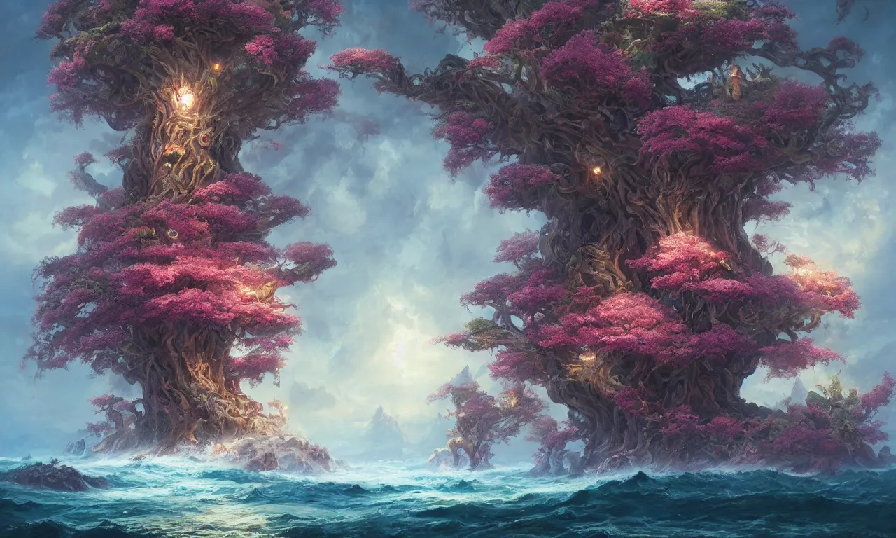 Image similar to a beautiful painting of a huge sacred, mystical, mysterious tree on an island blooming with exotic glowing flowers and bugs in the middle of a violent tumultuous sea by john blanche and greg rutkowski, trending on artstation, midjourney