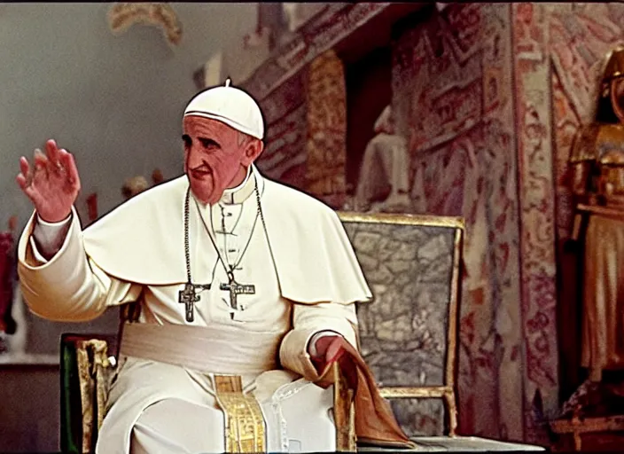 Prompt: a film still of the pope dresses in egyptian style as the faraoh, in the 1 0 commandments ( 1 9 5 6 ), technicolor color
