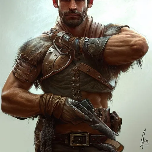 Image similar to portrait of a rugged ranger, 2 5 years old, handsome, muscular, upper body, leather, hairy torso, d & d, fantasy, intricate, elegant, highly detailed, digital painting, artstation, concept art, smooth, sharp focus, illustration, art by artgerm and greg rutkowski and alphonse mucha