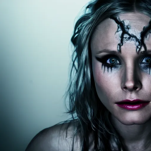 Prompt: Kristen Bell as a demon in heaven, grungy, unkept hair, glowing eyes, modelsociety, radiant skin, huge anime eyes, RTX on, bright on black, dramatic, studio lighting, perfect face, intricate, Sony a7R IV, symmetric balance, polarizing filter, Photolab, Lightroom, 4K, Dolby Vision, Photography Award