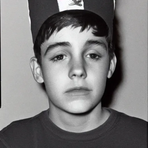 Image similar to a yearbook photo from 1966 of Jughead Jones, wearing a felt crown