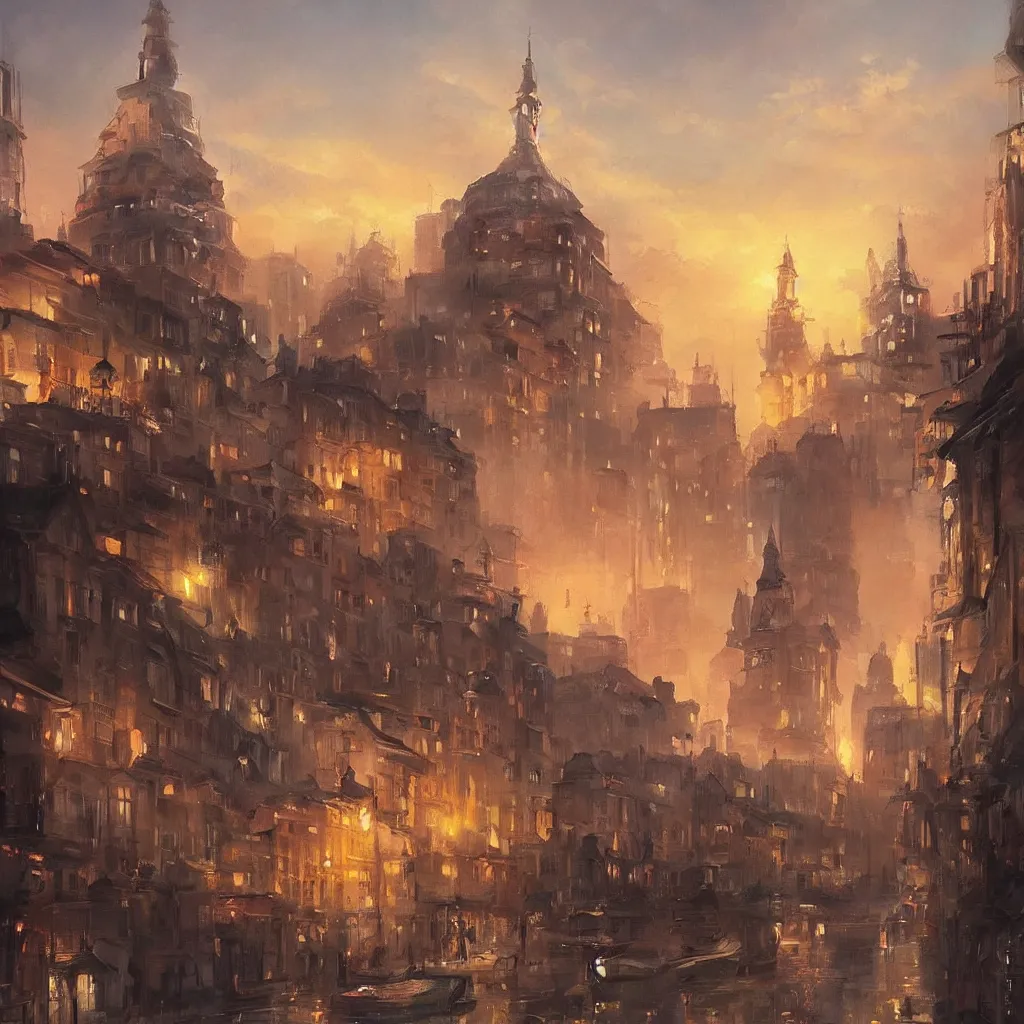 Image similar to stunning painting of an city from 1 7 0 0 during sunset by krenz cushart
