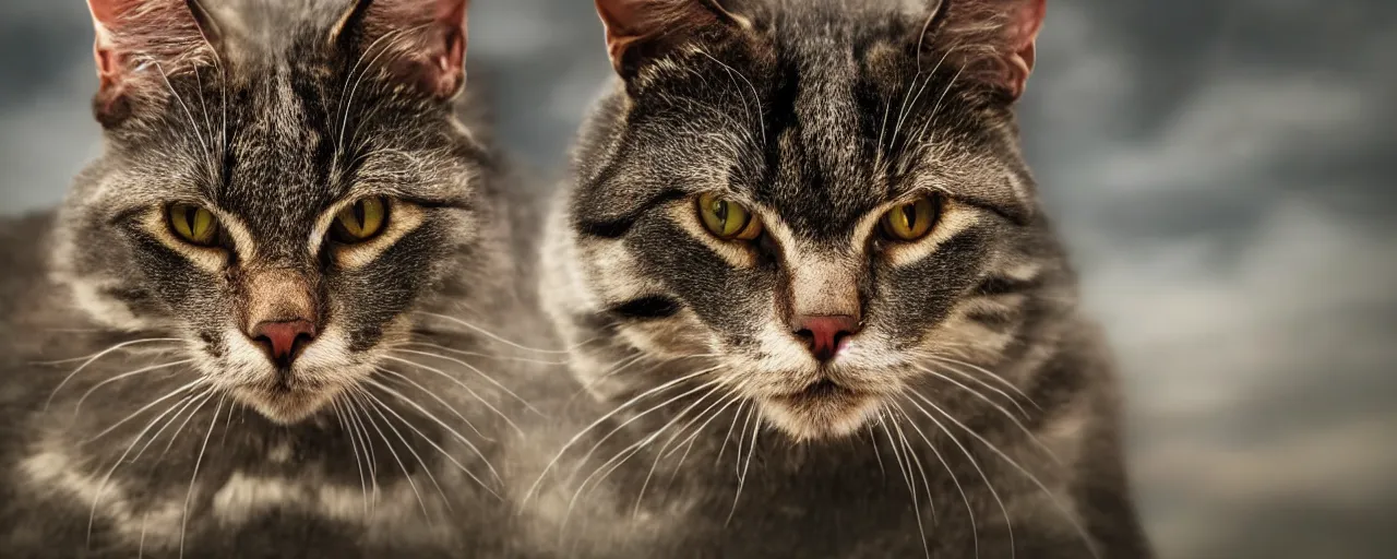 Image similar to close-up photo of a warrior cat in a battle scene, shallow depth of field, photorealistic, cinematic lighting, warm colours, dusk