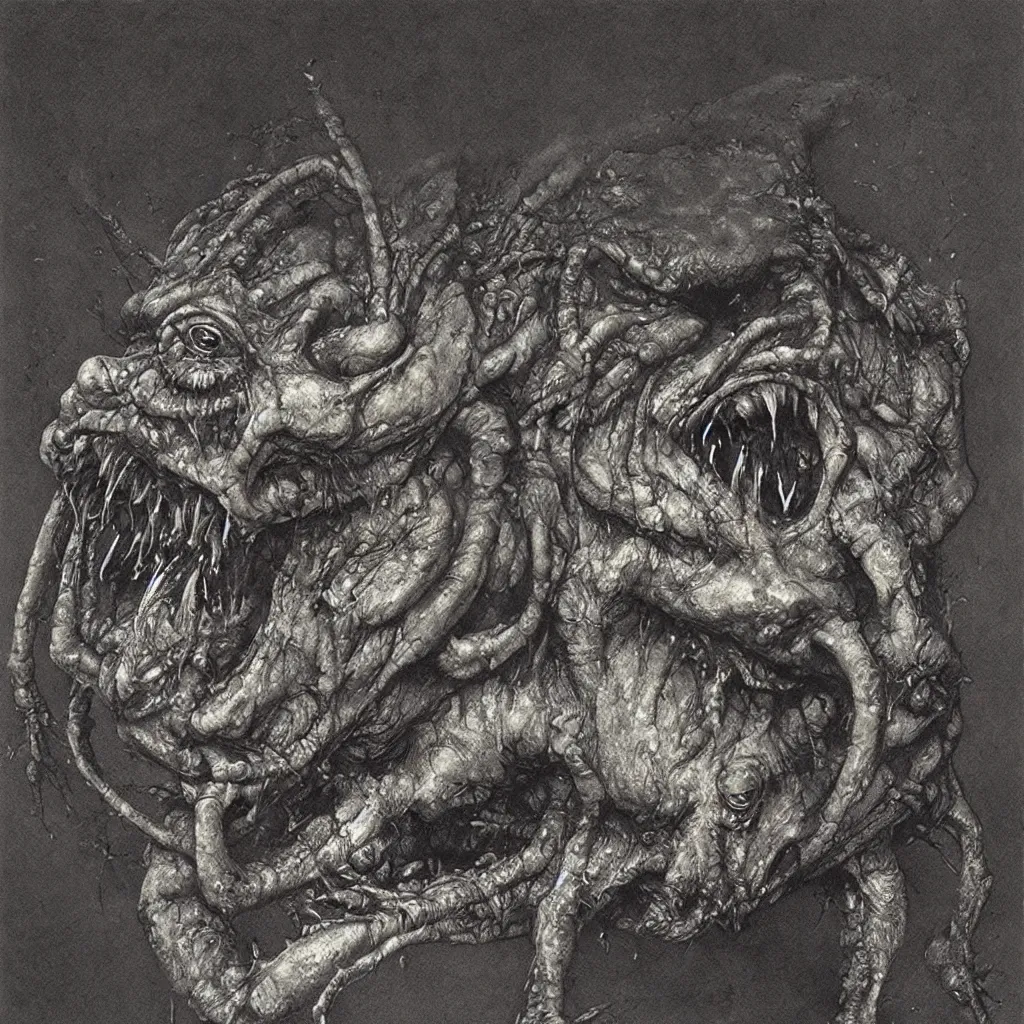 Image similar to horrifying bullfrog creature, fangs, necromorph, style of zdislaw beksinski