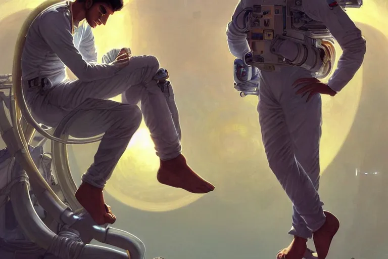 Image similar to Euphoric good looking pale young Indian doctors wearing jeans in a space station above Earth, portrait, elegant, intricate, digital painting, artstation, concept art, smooth, sharp focus, illustration, art by artgerm and greg rutkowski and alphonse mucha