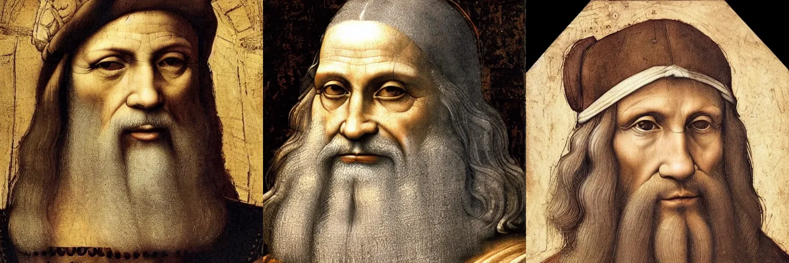 Prompt: a highly detailed renaissance portrait of a very old, gray haired and tan skinned king by Leonardo da Vinci