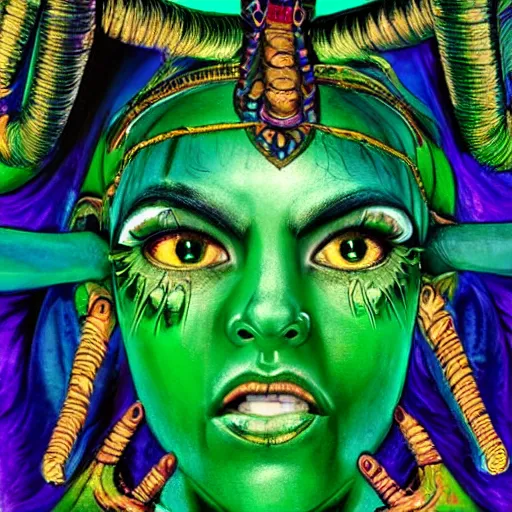 Image similar to green haired woman with bullhorns coming out of her head, six arms, hyperdetailed legs, Egyptian makeup, psychedelic clothing