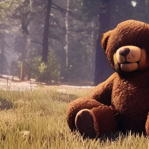 Prompt: Film still of a teddy bear, from Red Dead Redemption 2 (2018 video game)