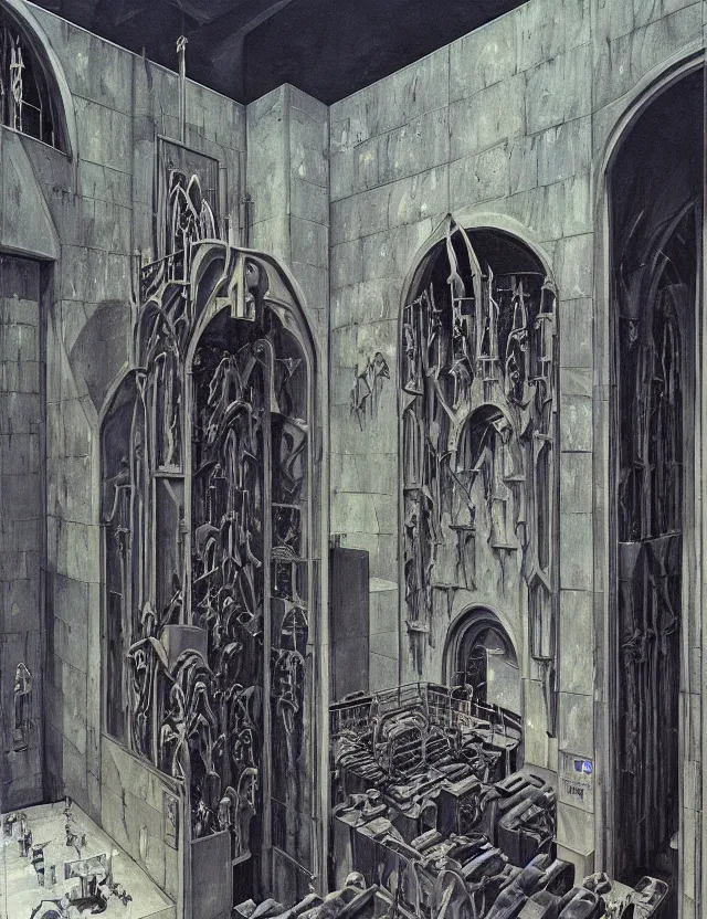 Prompt: huge gothic crematorium on desert planet, elevator, side ramp entrance ambulance smoke dead bodies, guards intricate, painting by lucian freud and mark brooks, bruce pennington, dark colors, neon, death, guards, nice style culture