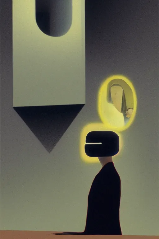 Image similar to woman wearing Oculus and digital glitch head Edward Hopper and James Gilleard, Zdzislaw Beksisnski, higly detailed