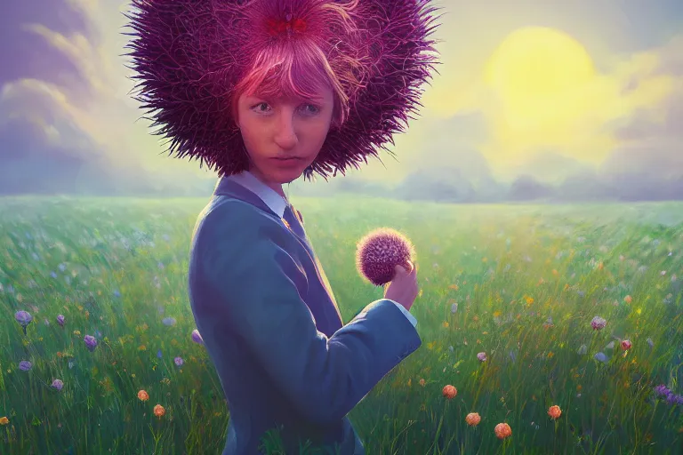 Image similar to portrait, giant thistle flower under head, a girl in a suit in field of flowers, surreal photography, sunrise, blue sky, dramatic light, impressionist painting, digital painting, artstation, simon stalenhag