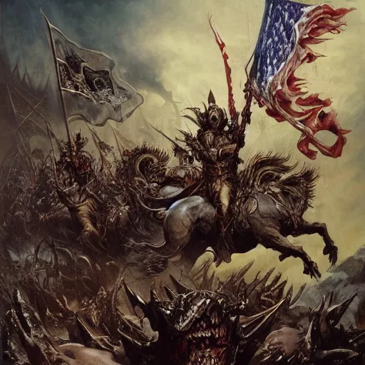 Image similar to an army of undead riding beasts with flag bearers and trumpeters, intricate detail, royo, vallejo, frazetta, giger, whealan,