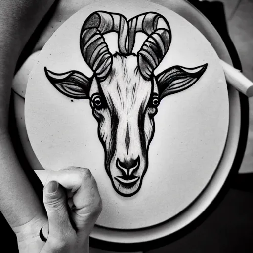 Prompt: a detailed tattoo outline of a goat !biting a churro with its teeeth!, 4k, illustration, sharp focus