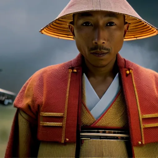 Image similar to cinematic film still Pharrell Williams starring as a Samurai holding fire, Japanese CGI, VFX, 2003, 40mm lens, shallow depth of field,film photography