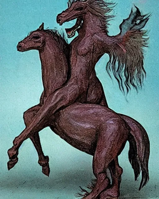 Prompt: the tikbalang is an evil spirit from philippine folklore that is described as a blasphemous fusion of a man and a horse, making it a distant cousin of entities such as kelpie, pooka, and water horses