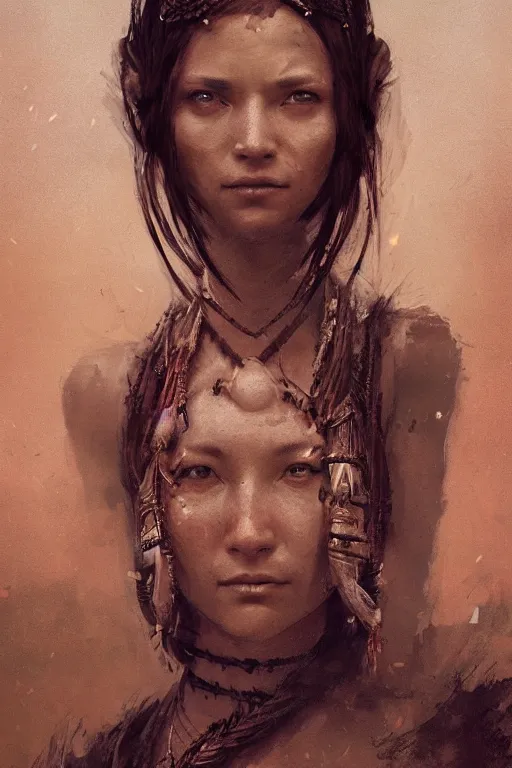 Image similar to a fancy portrait of a tribal women a sci-fi sword by Greg Rutkowski, Sung Choi, Mitchell Mohrhauser, Maciej Kuciara, Johnson Ting, Maxim Verehin, Peter Konig, final fantasy , mythical, 8k photorealistic, cinematic lighting, HD, high details, atmospheric,