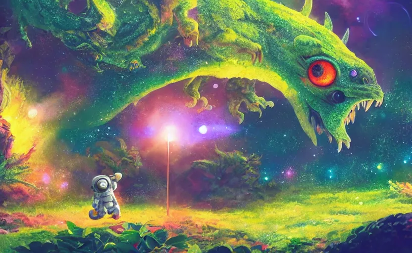 Prompt: a still of a cute adorable tiny astronaut, on a planet of lush colorful foliage, with an enormous kaiju dragon surrounding the full background, magical forest, sharp focus, neon backlit, highly detailed, disney pixar studio ghibli makoto shinkai, digital painting, matte, octane render, global illumination, iridescent, anime, 8 k concept art