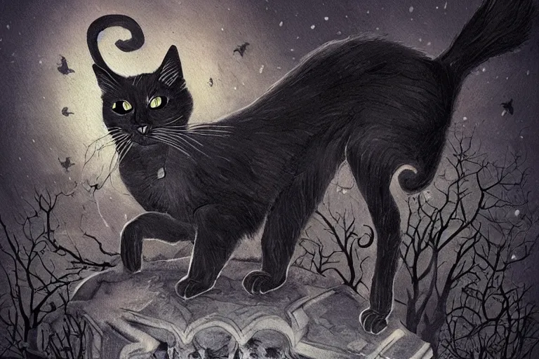 Image similar to black cat in graveyard at midnight halloween tattoo on shoulder by anton pieck, intricate, extremely detailed, digital painting, artstation concept art