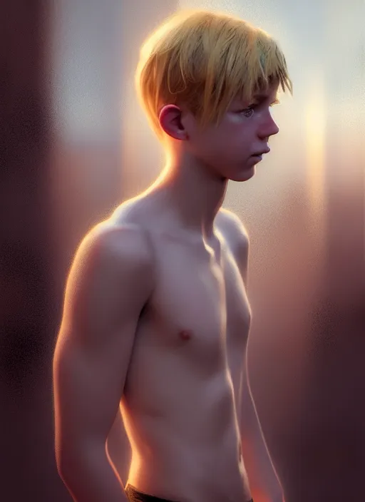 Image similar to ( ( ( ( ( hyperrealist cg of blonde boy thief ) ) ) ) ) by daniel f. gerhartz and matt stewart, fantasy, photorealistic, octane render, unreal engine, dynamic lighting, perfect factions, very detailed faces, trending on artstation, poster, volumetric lighting, 4 k, award winning