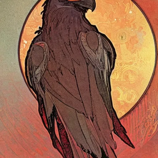 Image similar to a black raven in front of the red moon by alphonse mucha