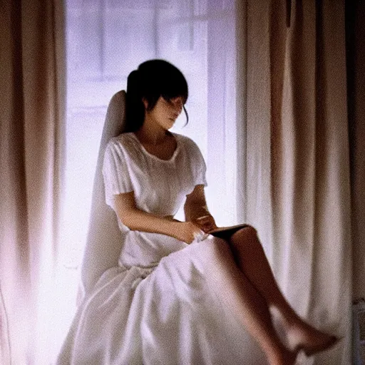 Prompt: a woman in a white dress is reading a book, a screenshot by jin homura, tumblr contest winner, romanticism, movie still, lighthearted, contest winner,