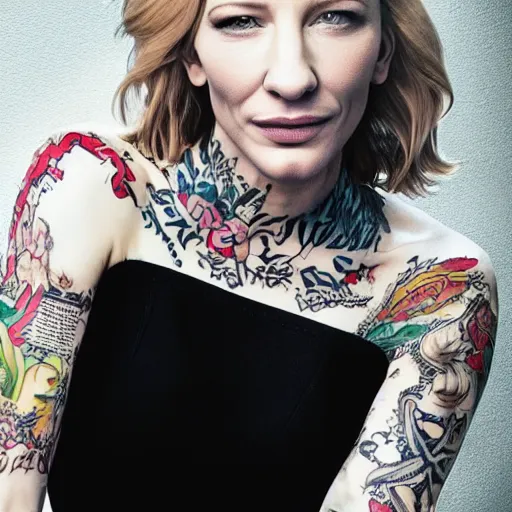 Image similar to full body tattooed cate blanchett, nose ring, 4k