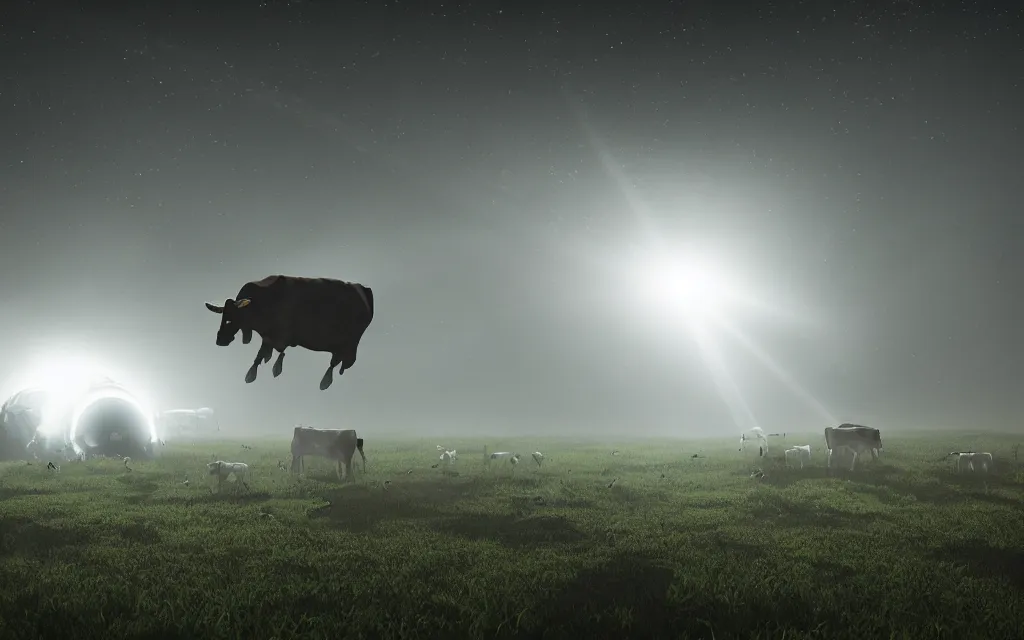 Image similar to alien ufo picking up cow with beam of light in farm, atmospheric, mist, epic, photorealistic, realistic, rule of thirds, extremely detailed, 4 k, 8 k, unreal engine 5 render, rim lighting, rtx, ray traced lighting, shot on 3 5 mm, film grain